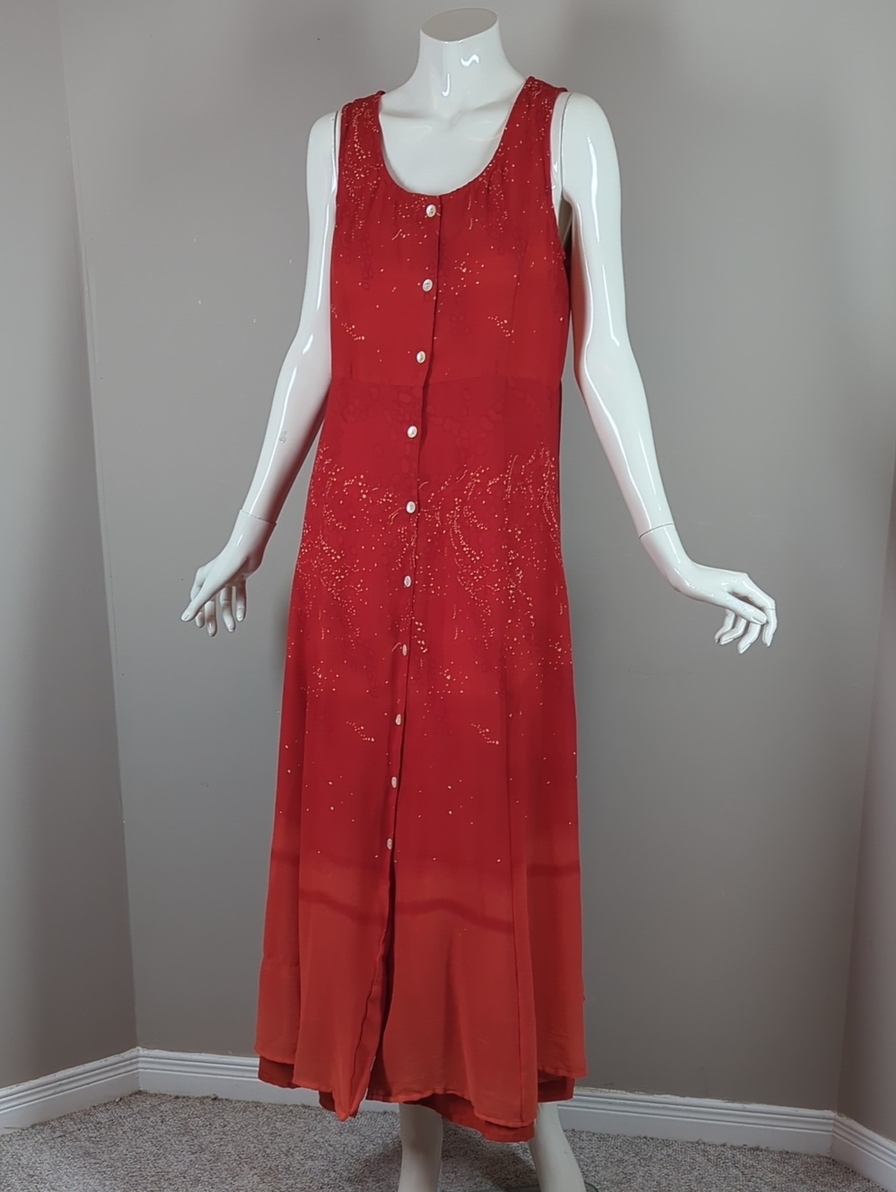 Vintage 90 Sleeveless Red Button-Front Maxi Dress 8 Sheer Overlay